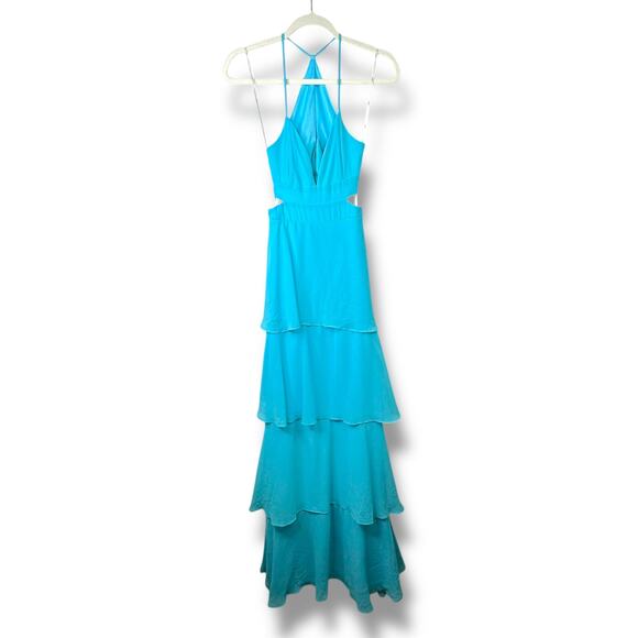 Lulus NWOT Tier and Now Blue Sash Tie-Back Tiered Plunging Cut-Out Maxi Dress - Picture 4 of 12